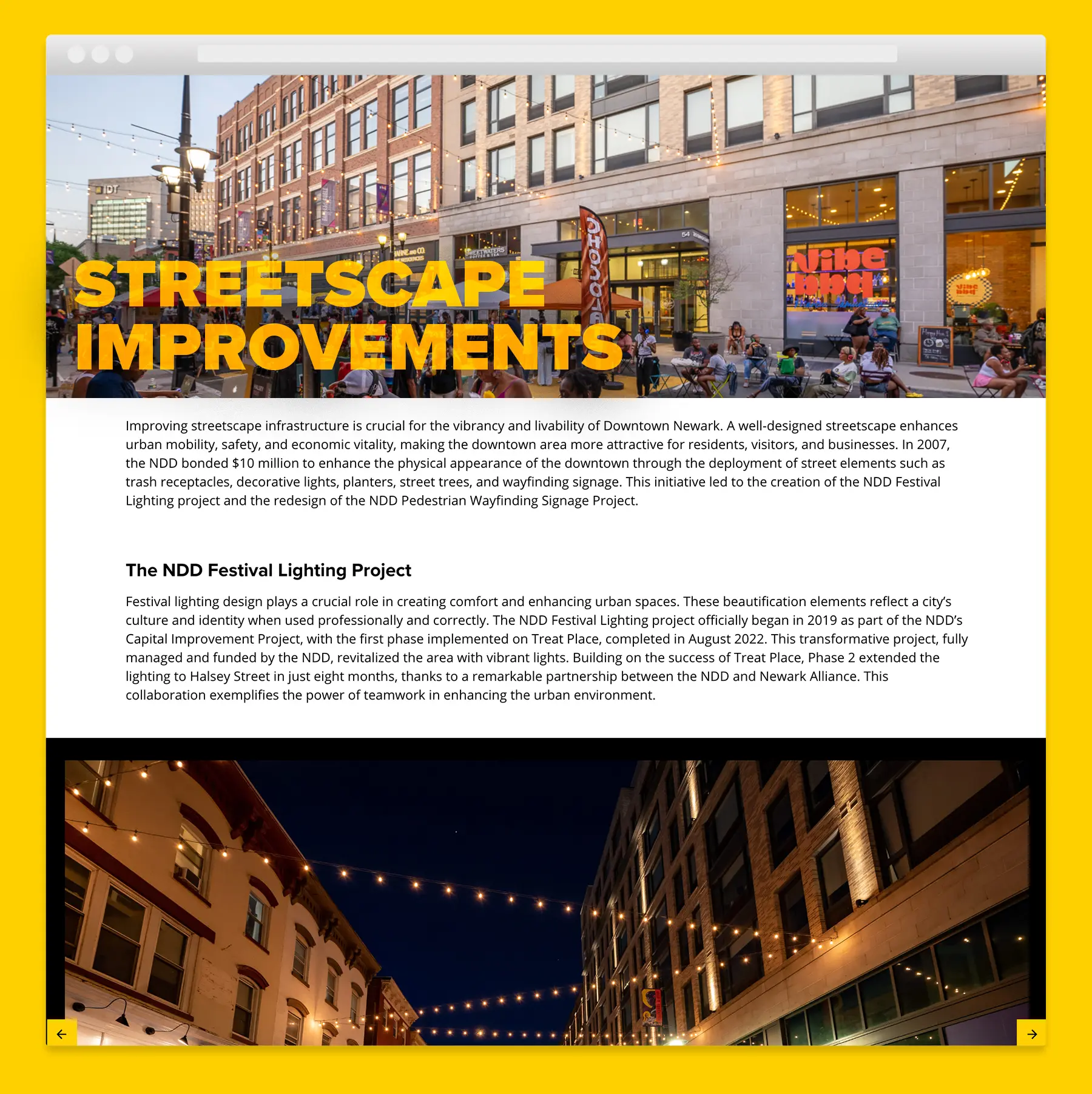 A website design for a streetscape improvements page for Newark Downtown District.