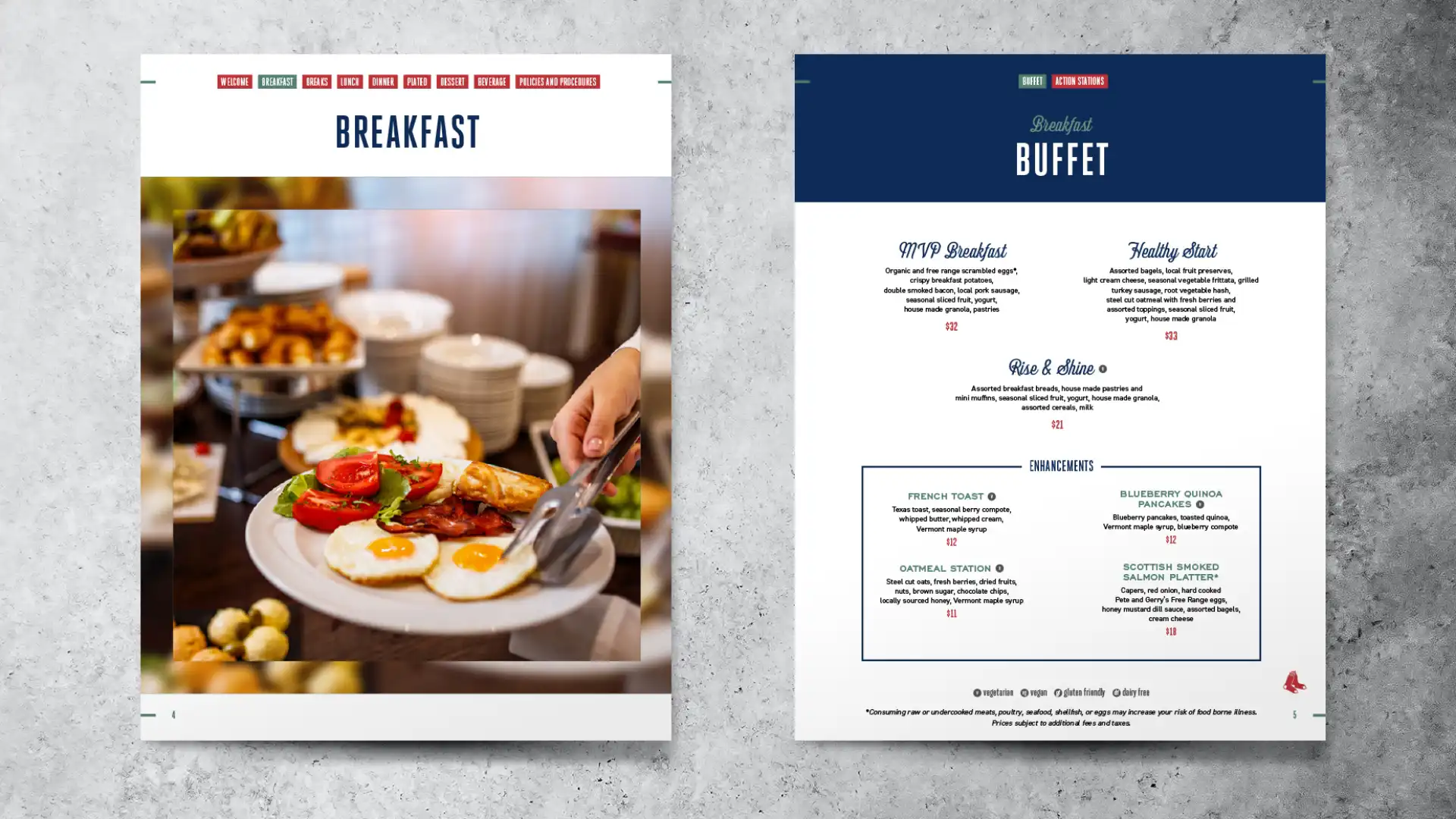 Two pages of the Fenway Park menu on a gray marble tabletop background, breakfast buffet menu pages.