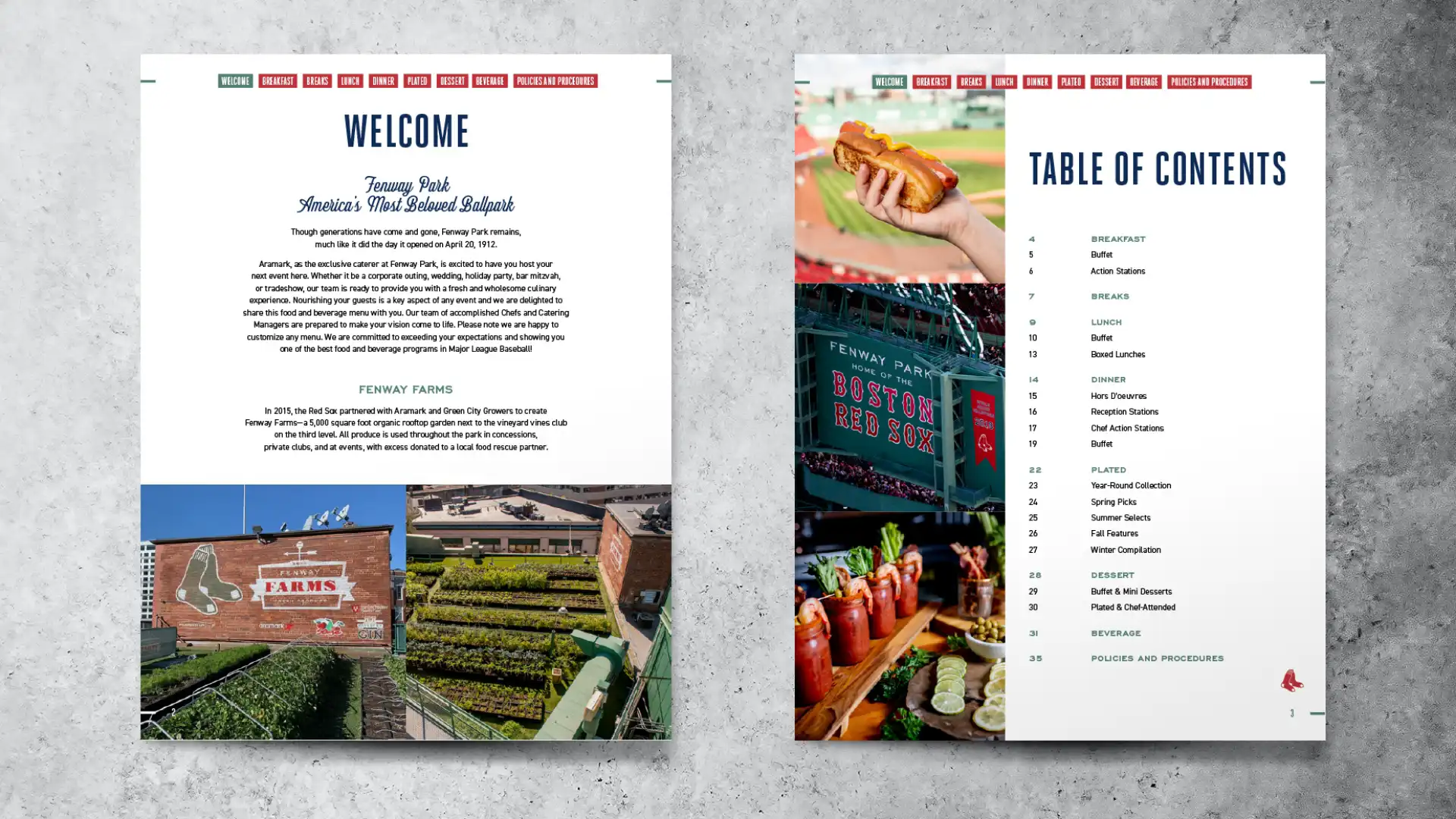 Two pages of the Fenway Park menu on a marble tabletop background, welcome and table of contents pages.