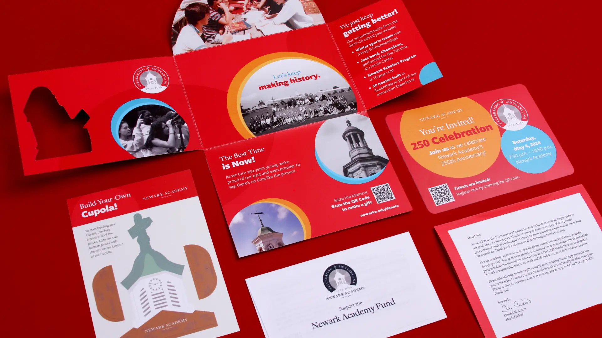 Full appeal material design for Newark Academy 250th Anniversary Appeal