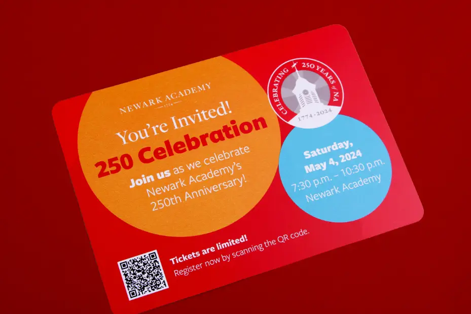 Invitation design for Newark Academy 250th Anniversary Appeal