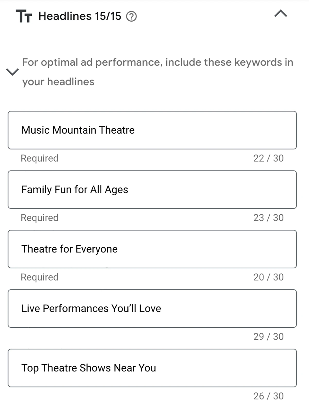 A screenshot in the Google ad set up process, utilizing headlines for Music Mountain Theatre.