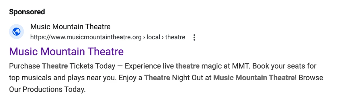 Preview of Google Grant Search ad for Music Mountain Theatre.