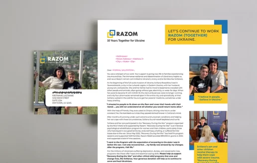 A mockup of the Razom for Ukraine EOY appeal letter designed by Trillion.