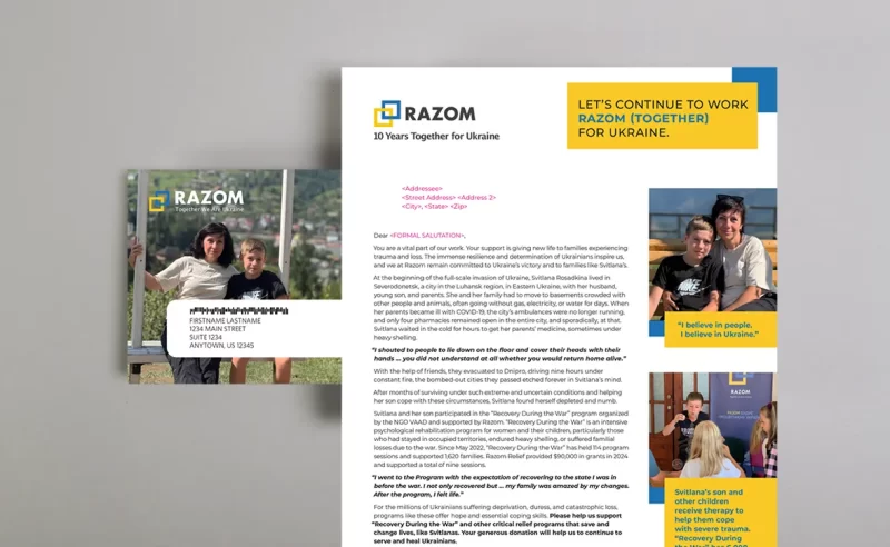 A mockup of the Razom for Ukraine EOY appeal letter designed by Trillion.