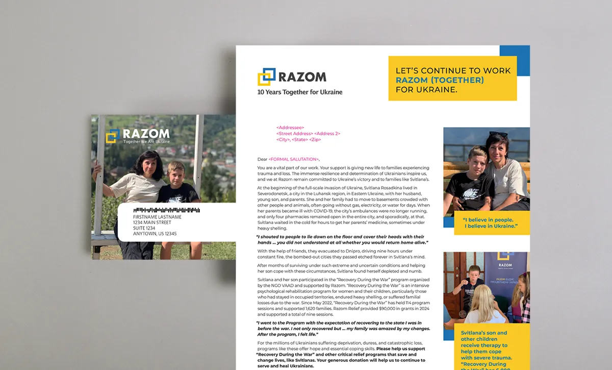 A mockup of the Razom for Ukraine EOY appeal letter designed by Trillion.