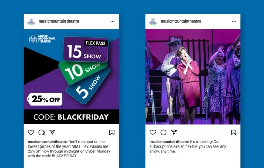 Two Instagram ads depicting strategic promotional marketing for Music Mountain Theatre.