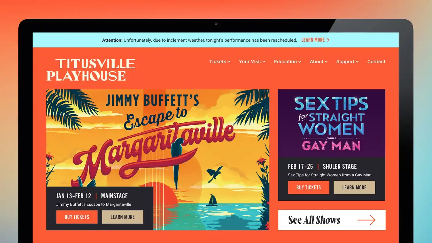 The homepage for the Titusville Playhouse website featuring artwork for the musical Margaritaville