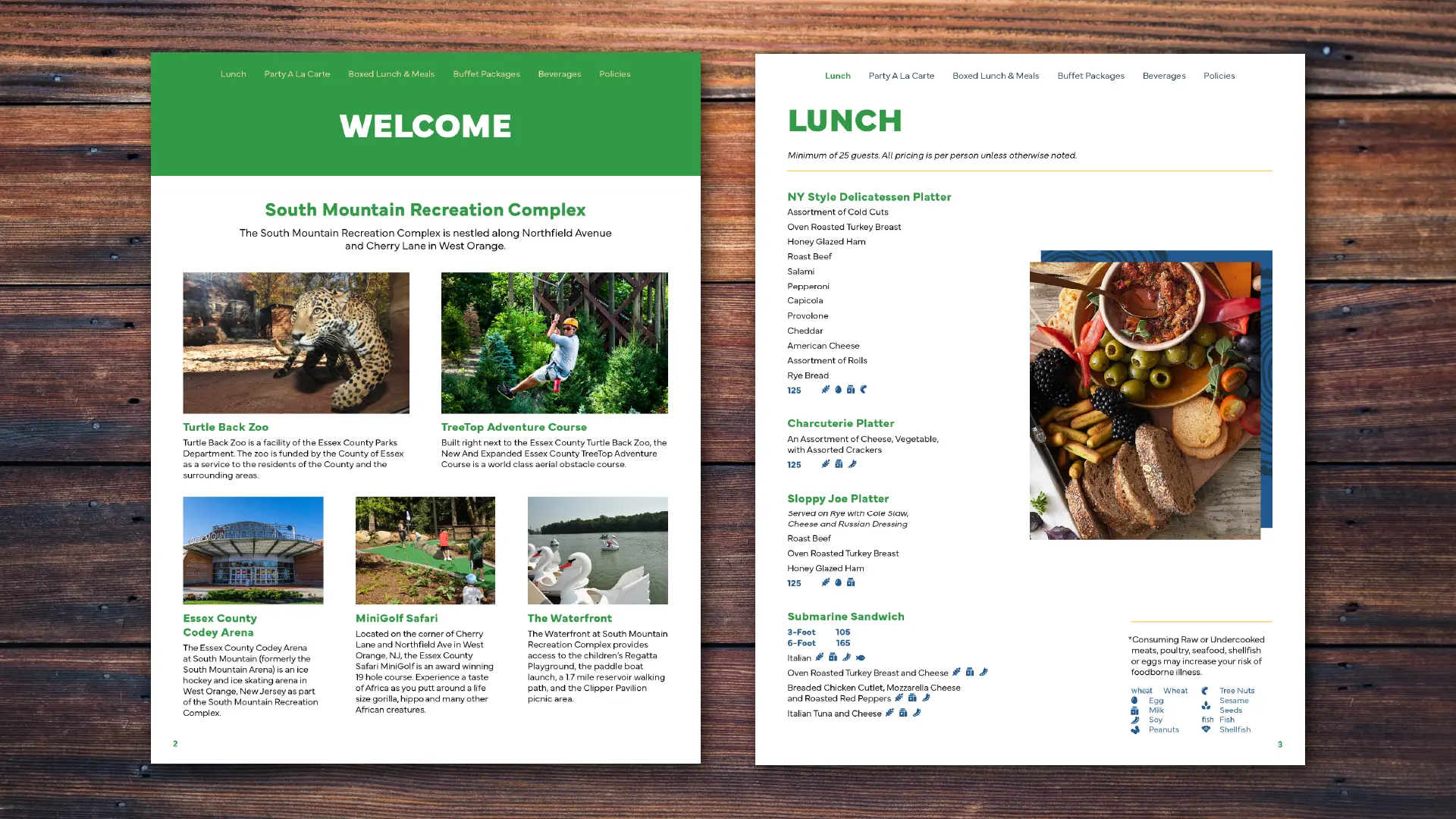 South Mountain Recreation Complex catering menu design