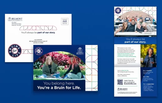 Belmont University alumni annual fund fundraising campaign mailer, and other materials on a blue background.