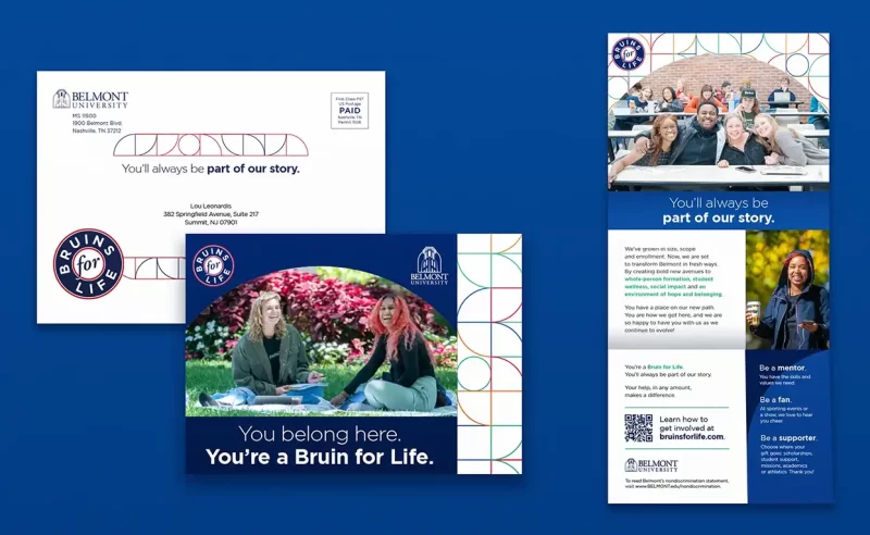 Belmont University alumni annual fund fundraising campaign mailer, and other materials on a blue background.
