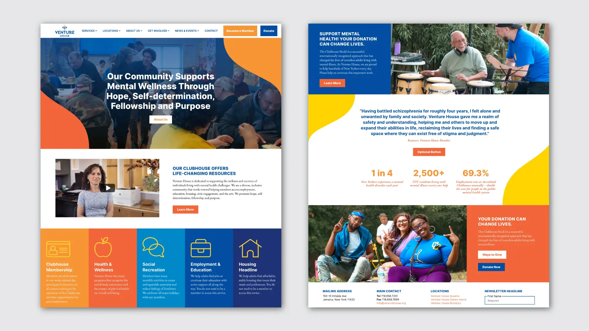 Website design examples for a mental health organization located in NYC, called Venture House