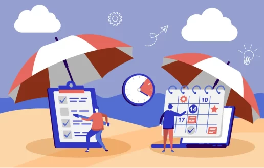 A photo of people doing business planning during the summer slowdown at the beach.