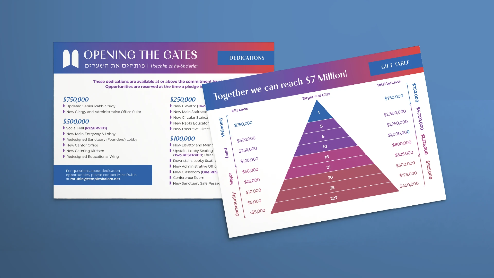 Insert design examples for a capital campaign brochure. These 2-sided pieces are inserted into the back of the brochure.