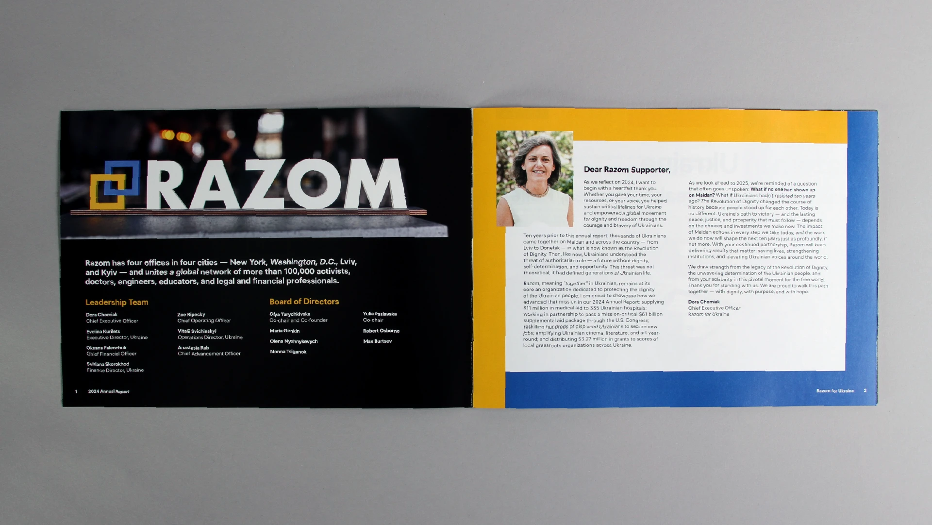 Impact report spread that includes a letter from the executive director