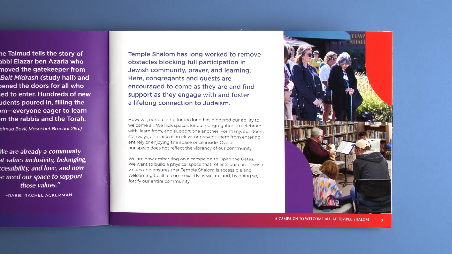 Welcoming capital campaign brochure design that uses purple, red, blue and white colors.