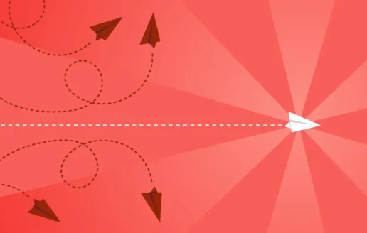 An illustration depicting thought leadership, showcasing a white paper airplane getting ahead of other, red airplanes, signifying leadership.