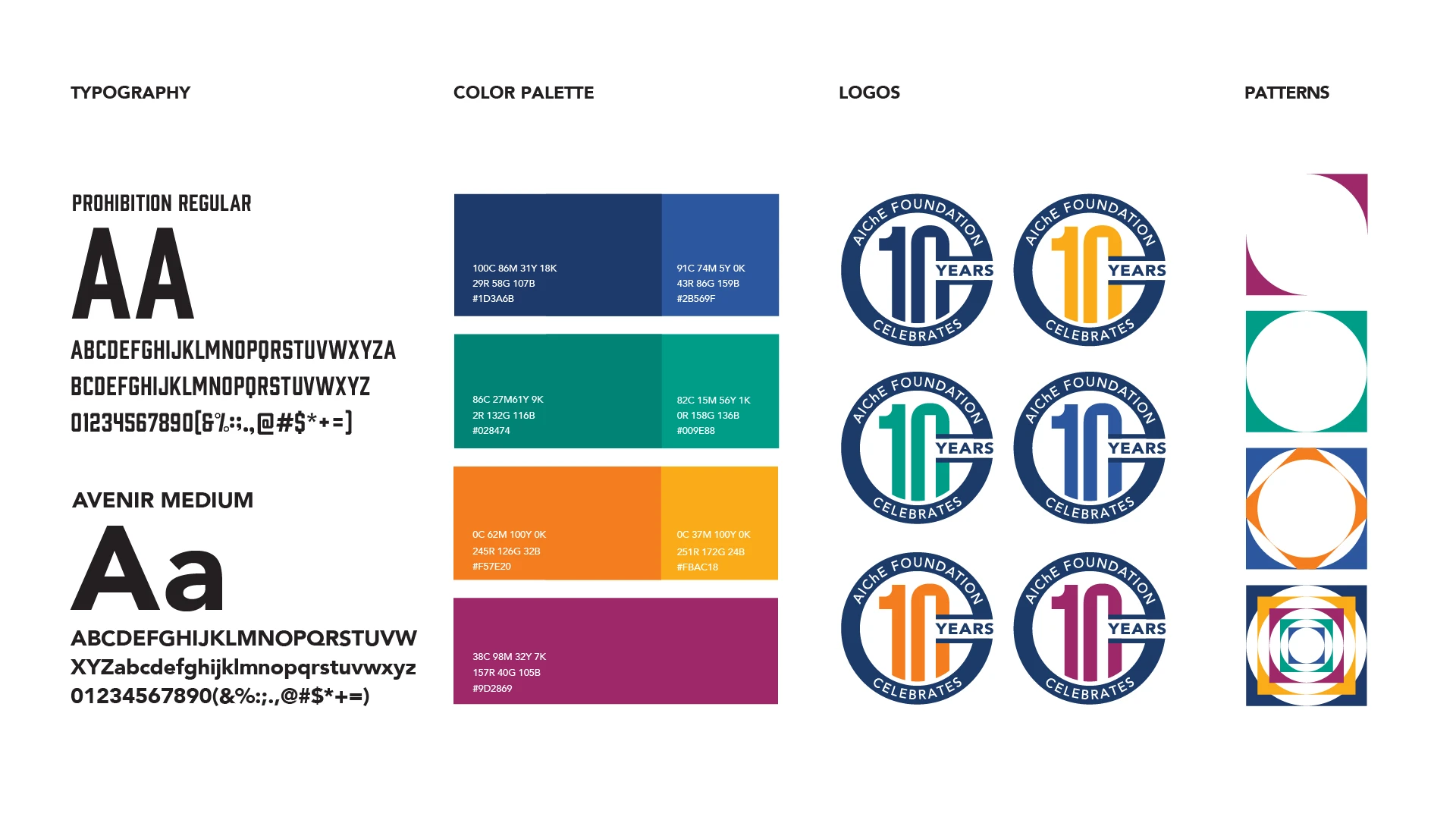 Conference simple brand guidelines with typography, color palette, logo usage and patterns