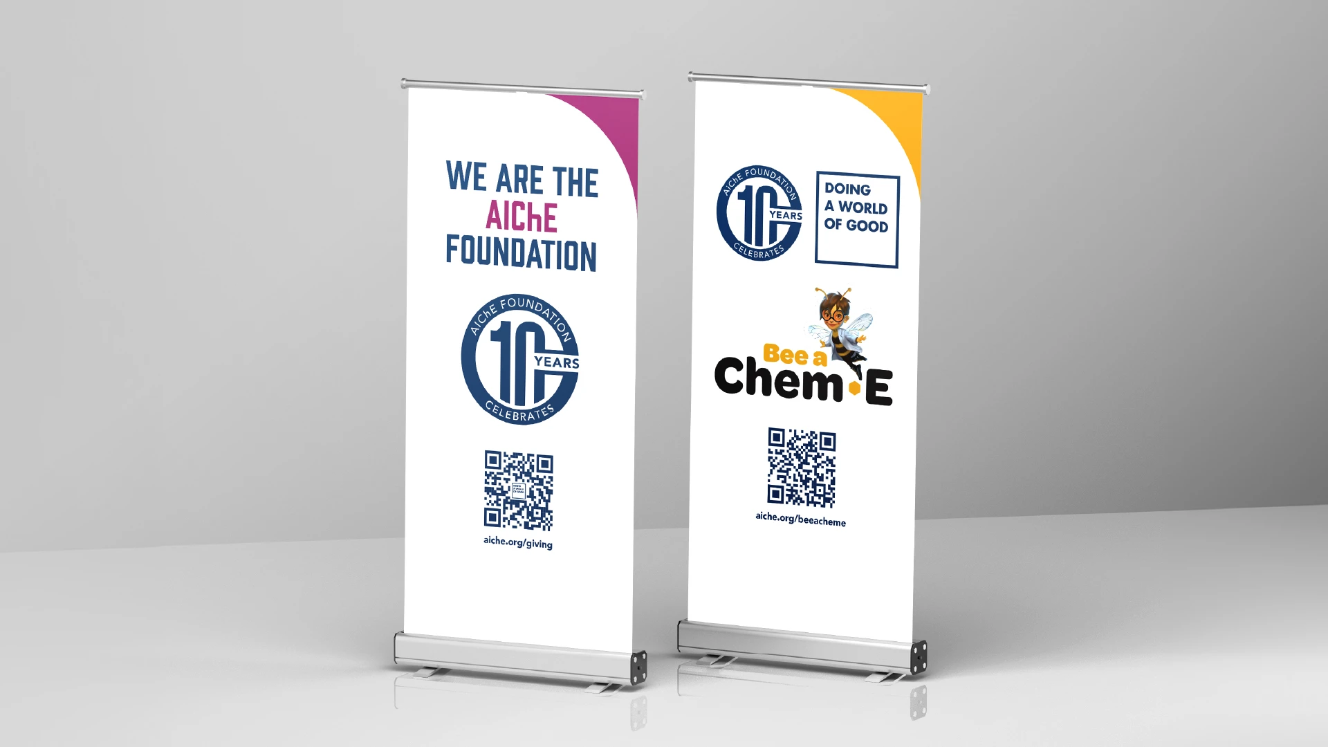 Retractible banner stand design examples for 10-year anniversary and trade conference for chemical engineers.