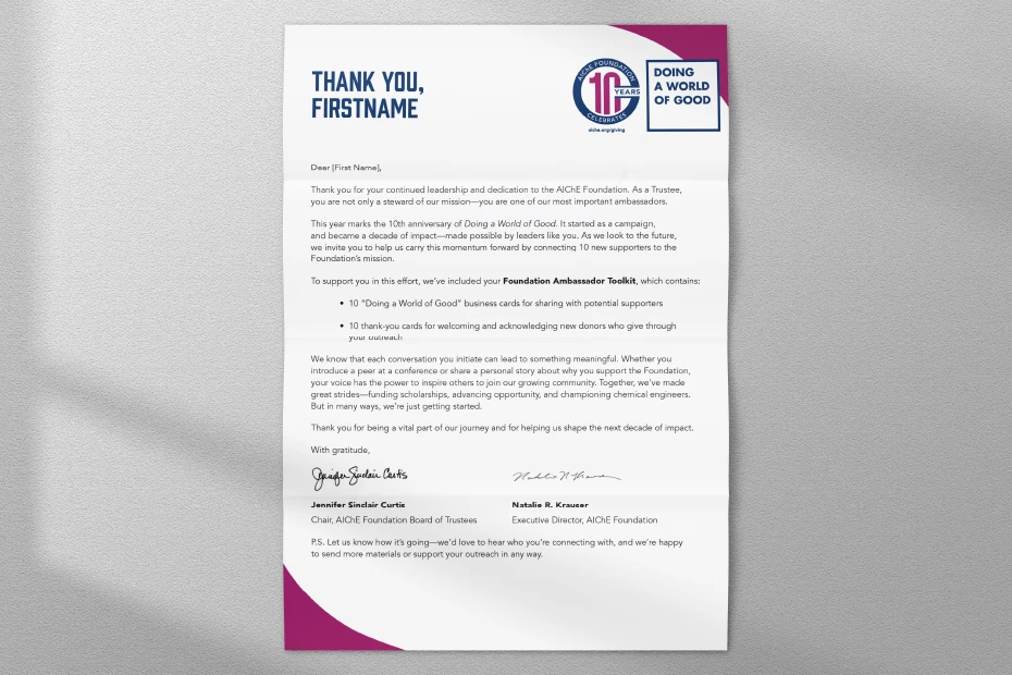 Example of personalized letter to donor and trustee during 10-year anniversary campaign.