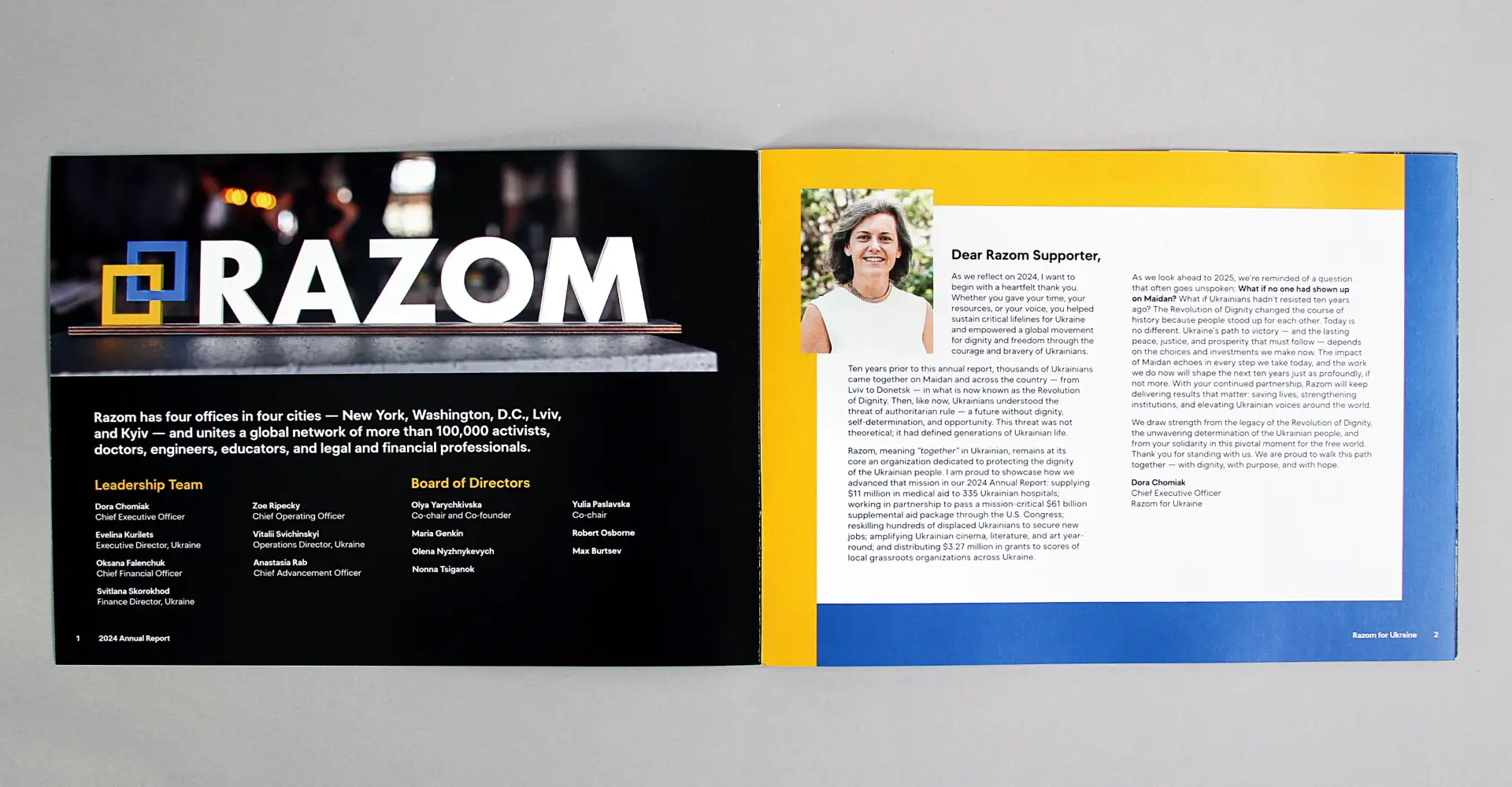 Impact report spread that includes a letter from the executive director