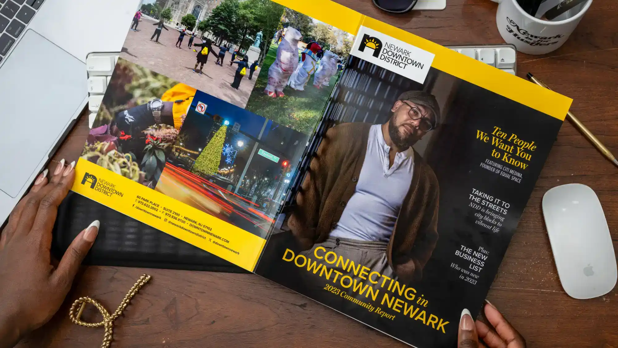 Magazine-style annual report design showcasing city redevelopment and community stories