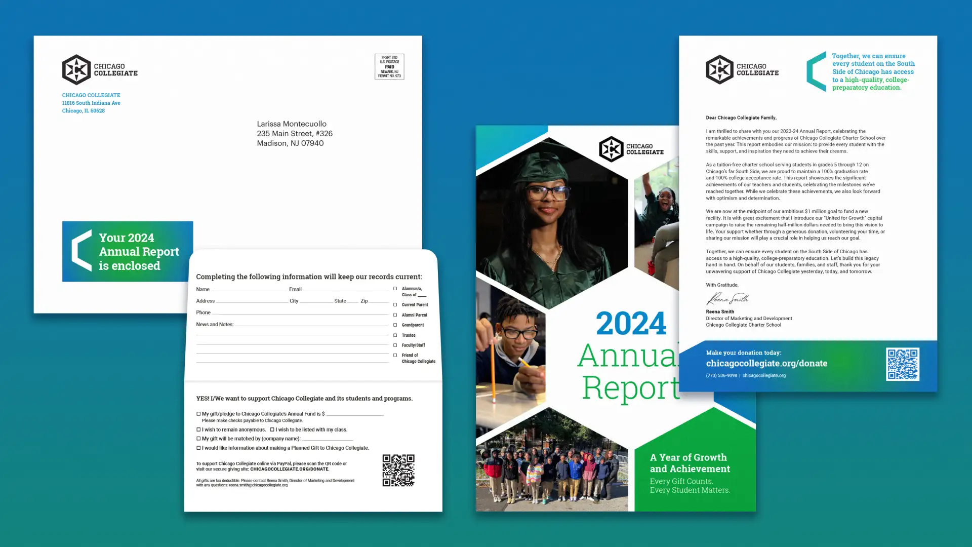 Chicago Collegiate annual report letter, outer envelope, remittance envelope