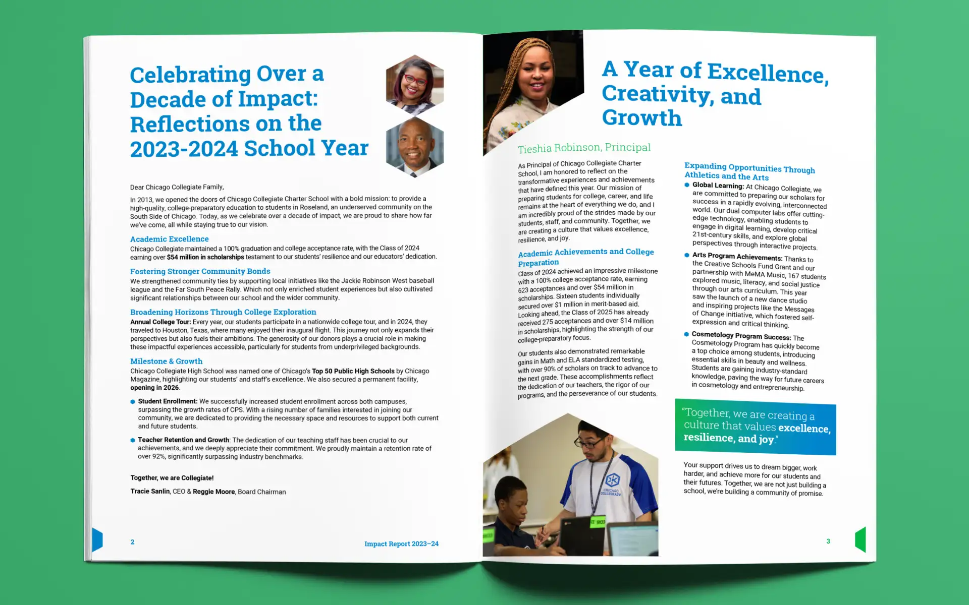 A spread of the Chicago Collegiate annual report