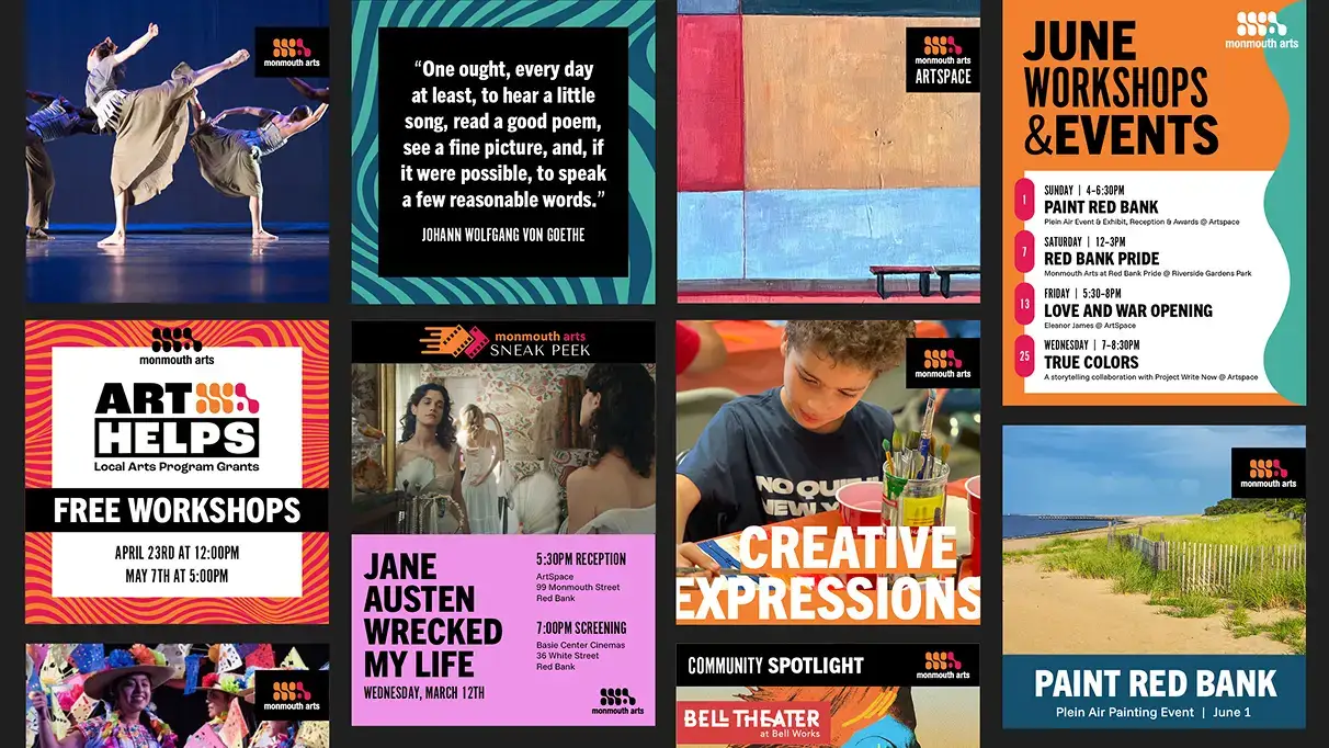 Monmouth Arts Arts Organization social and brand identity layout grid