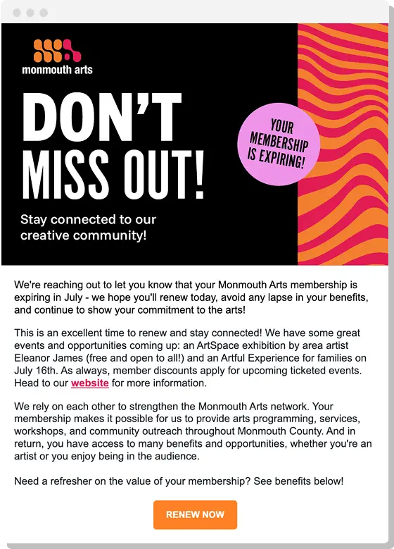 Monmouth Arts Arts Organization email design